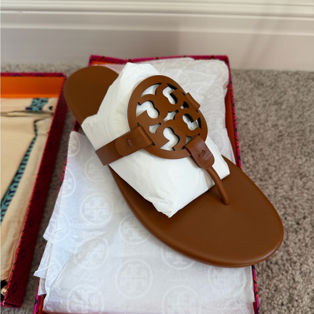 Tory Burch Miller Soft Leather Sandals Bourbon Miele Size 10 Brown Tan